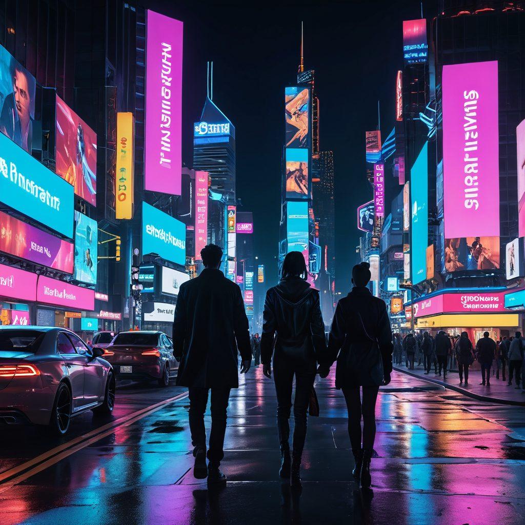A futuristic city skyline at dusk with digital billboards promoting adult entertainment interspersed among sleek high-tech buildings. The foreground features a neon-lit street with diverse couples exploring sensual media on their portable devices, showcasing the blend of technology and intimacy. The ambiance should be lively yet intimate, reflecting both excitement and connection in the era of sensual media. vibrant colors. cyberpunk. 3D.